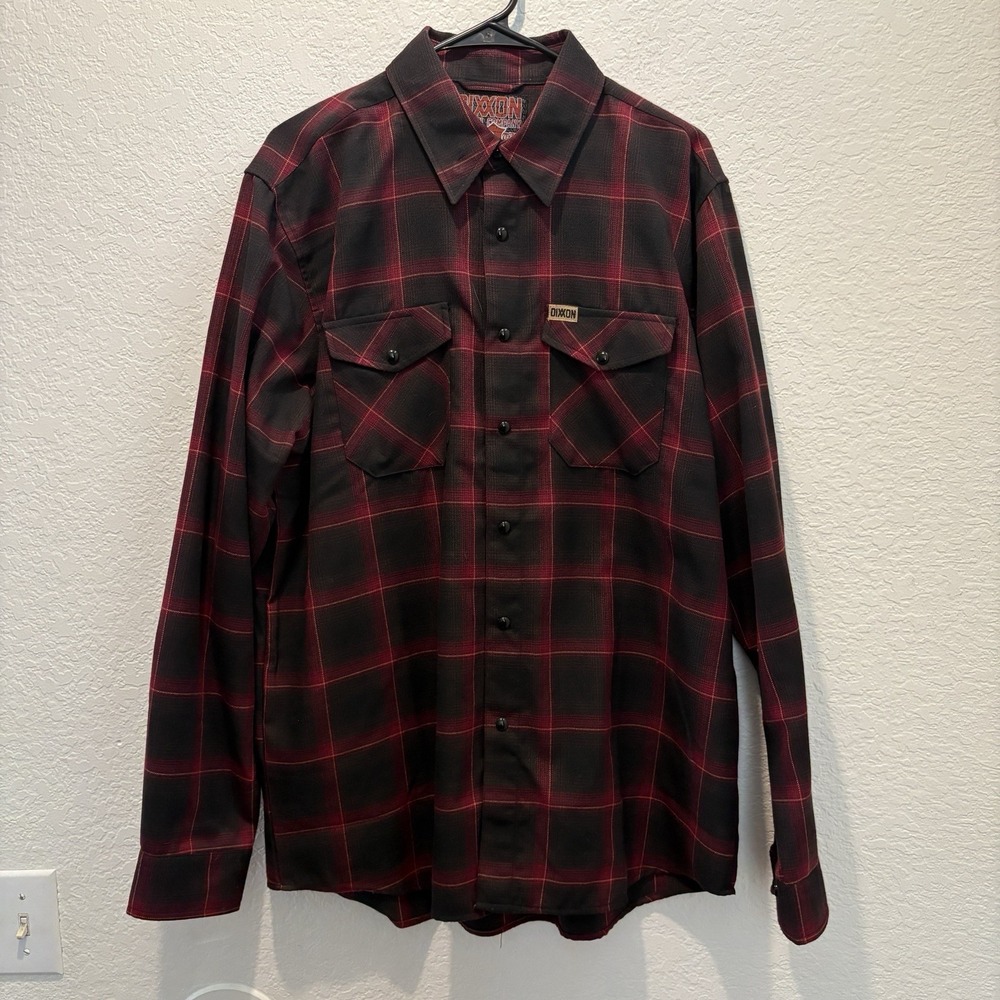 Dixxon Flannel Shirt Mens Large 9TH STREET Black Red Plaid Pearl Snap LS